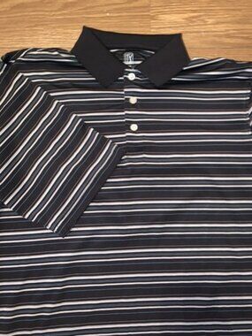 PGA Tour Golf Polo Shirt Men’s Small Short Sleeve Black W/ White And Blue Stripe